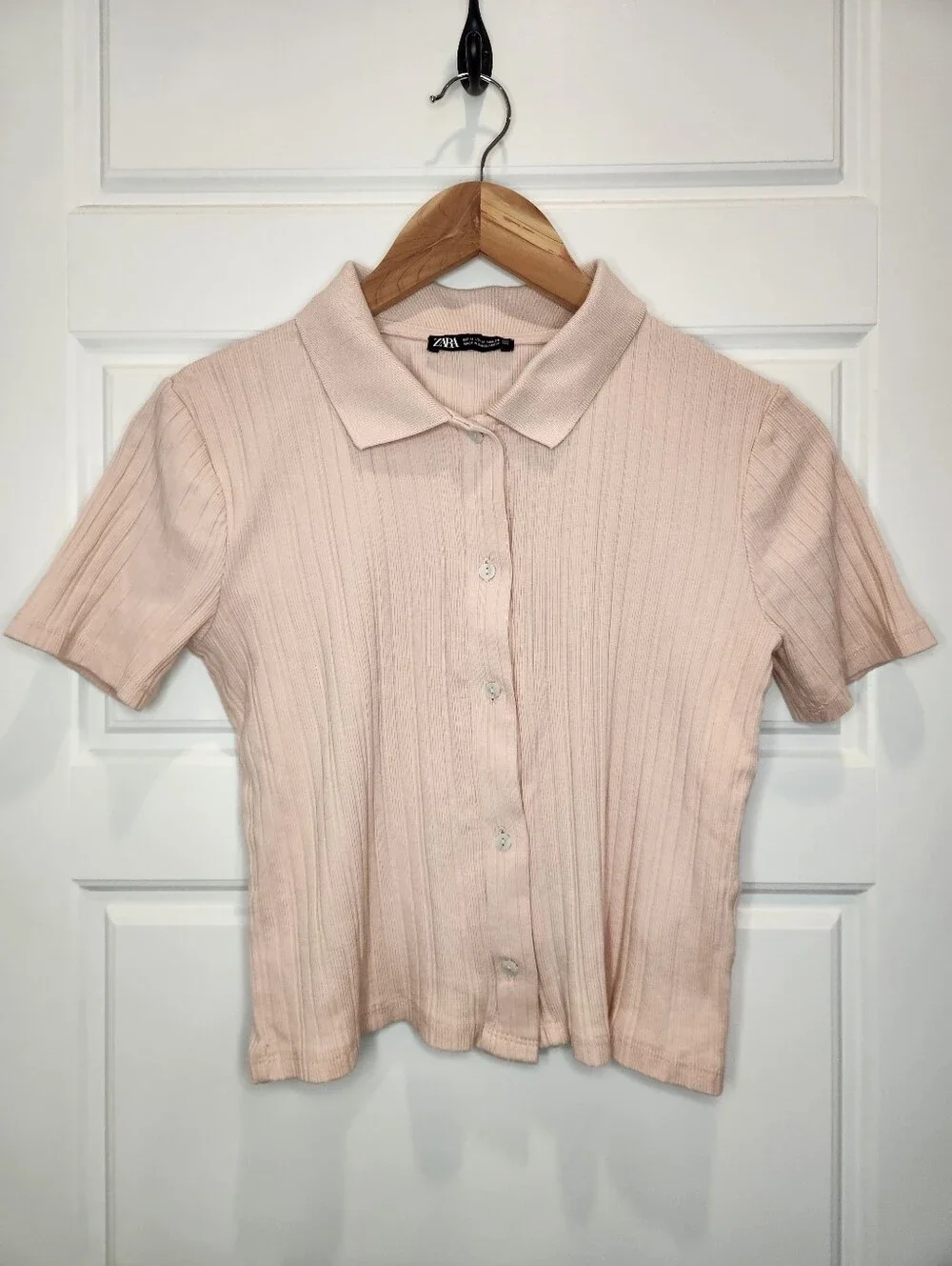 Sz M Zara 100% Cotton Blush Ribbed Polo Button-Down Top - Picture 2 of 6